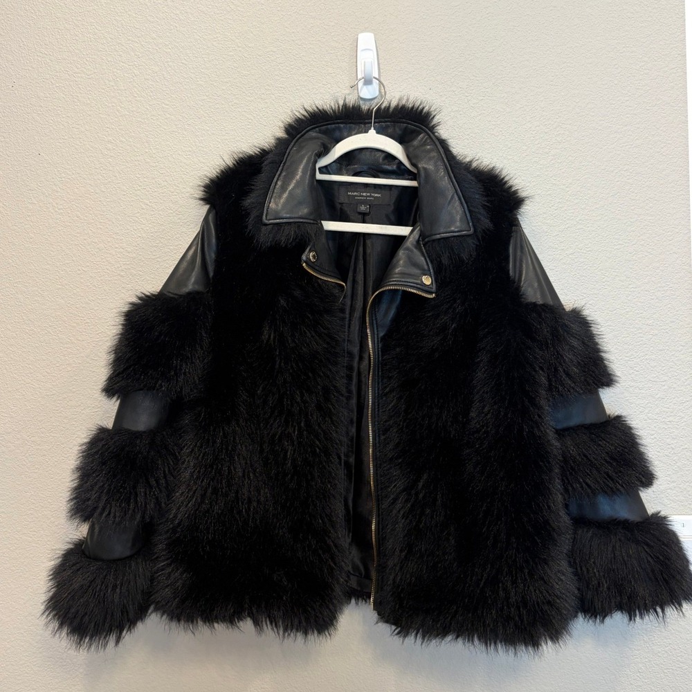 Marc New York Faux Leather Fur Jacket Black Womens Large Mixed Media Moto Coat L